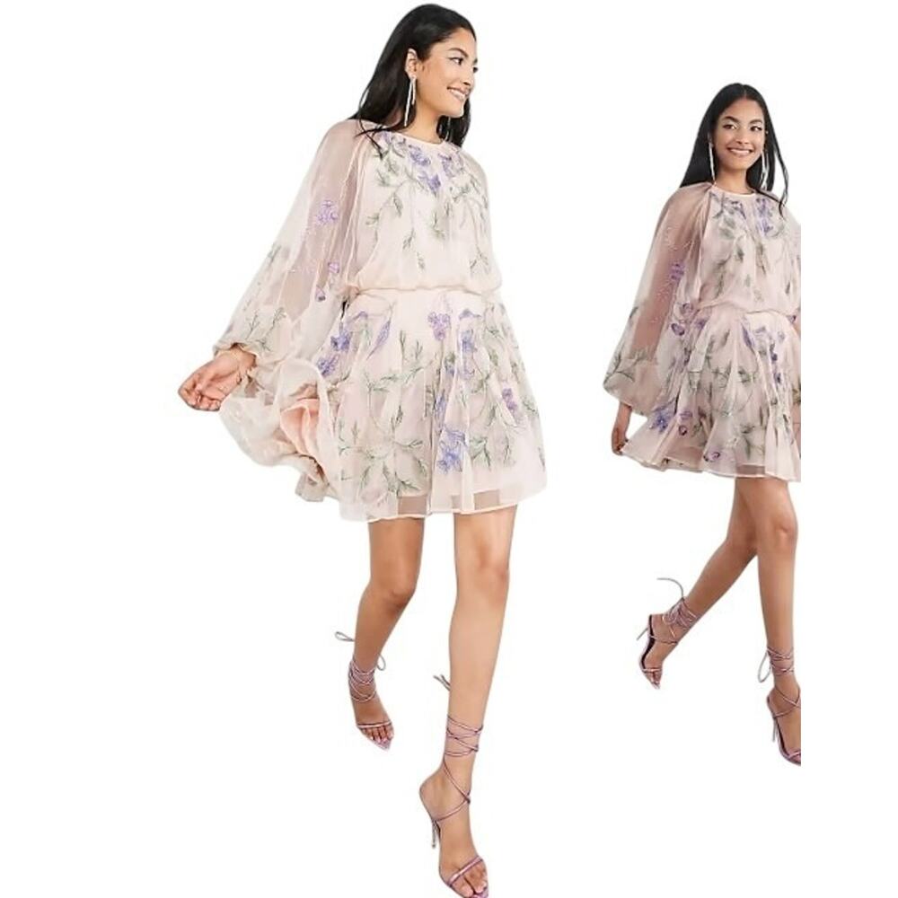ASOS Floral Embroidered Mini Dress - Cream and Purple